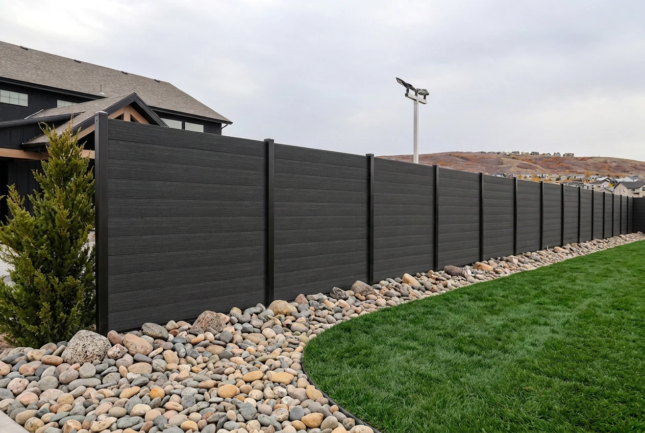 Charcoal composite privacy fence with black posts