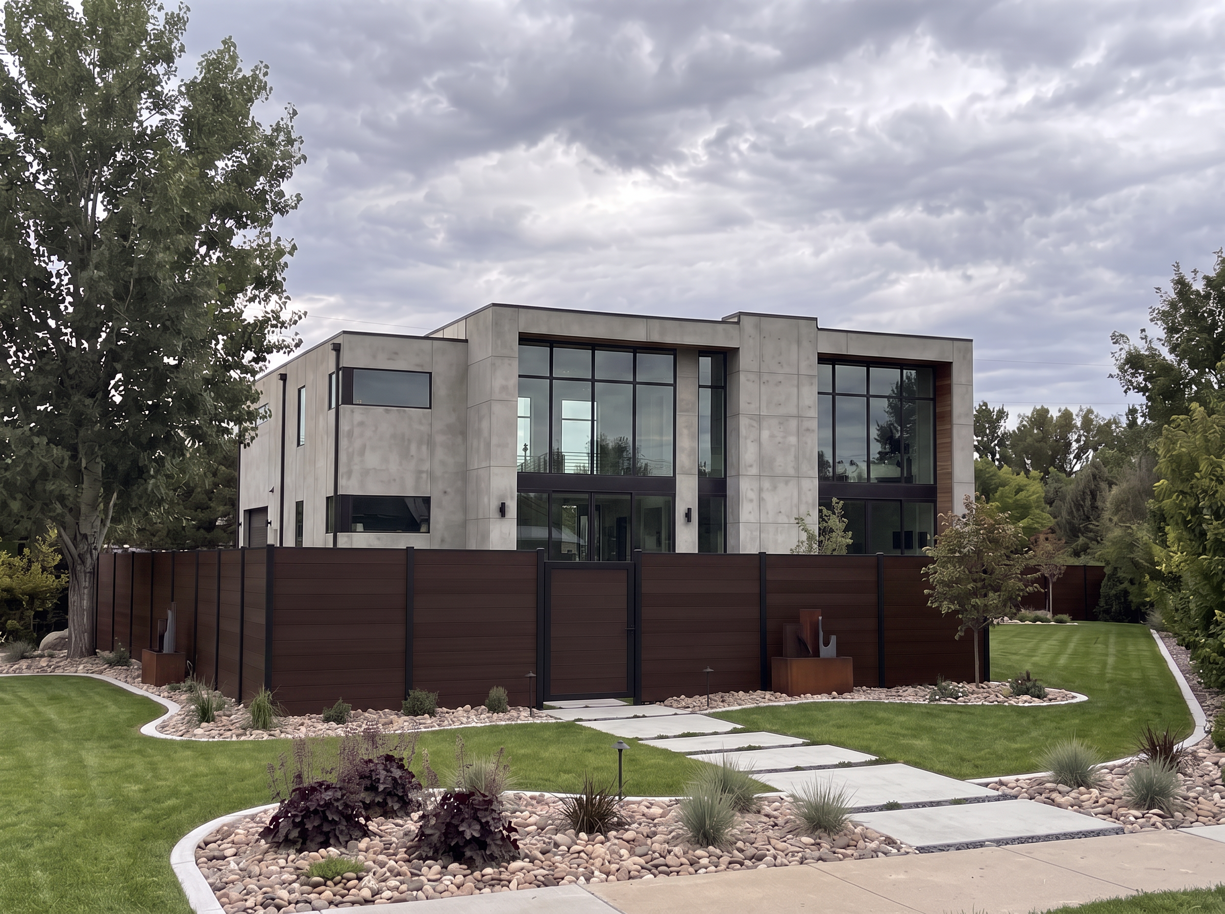 Modern Utah property with trees, lawn, planting, and composite fencing