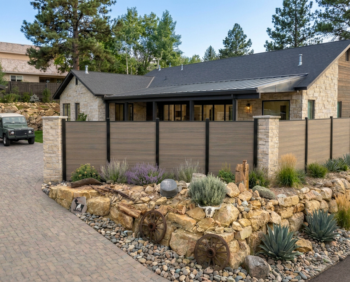 Mesa Taupe composite fence installed across a landscaped Utah front yard
