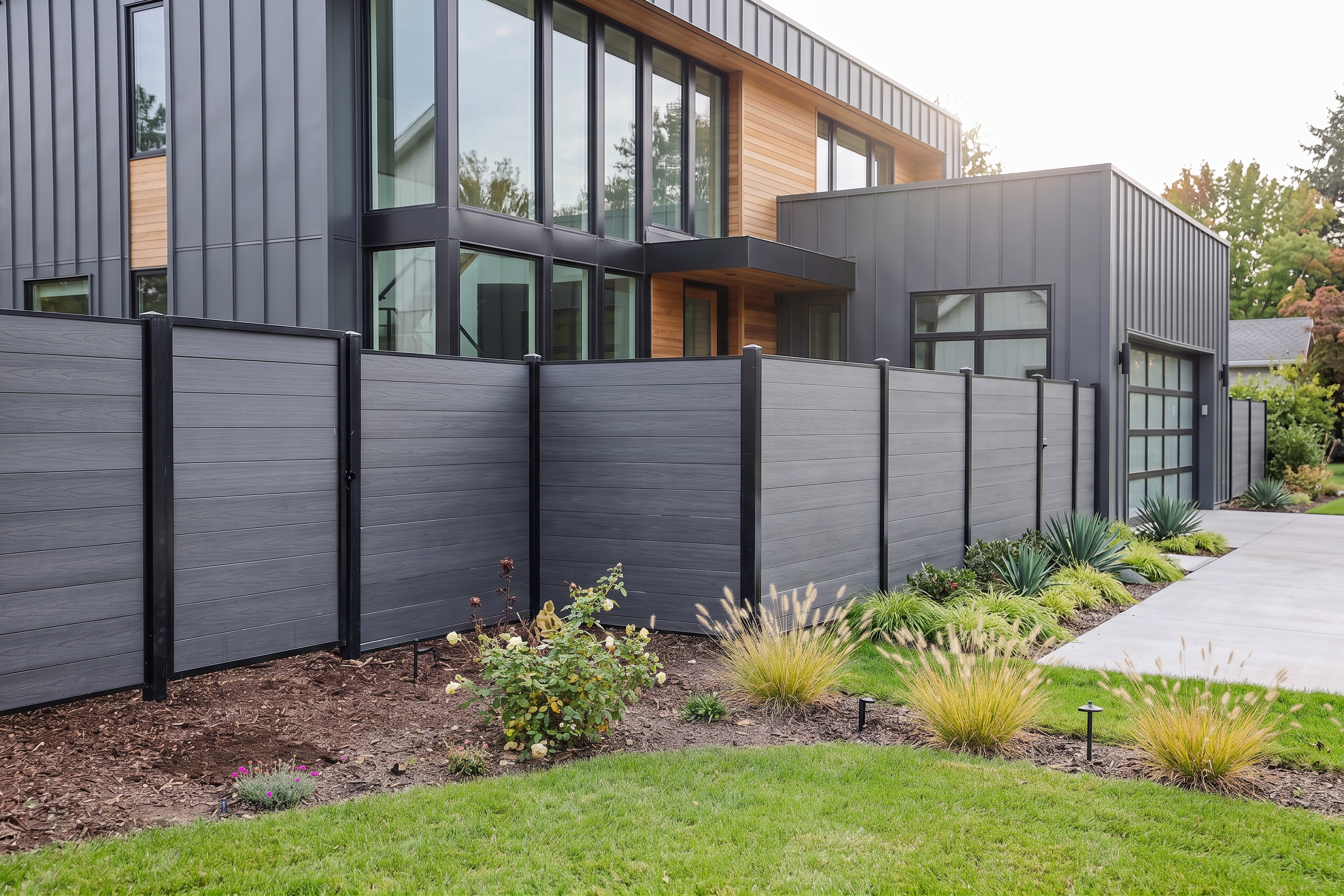 Modern gray composite fence installed beside a contemporary Utah home