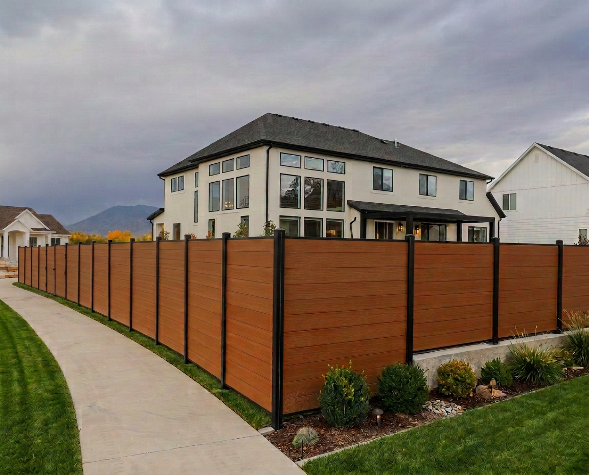 Redwood Ember composite privacy fence installed around a landscaped Utah home