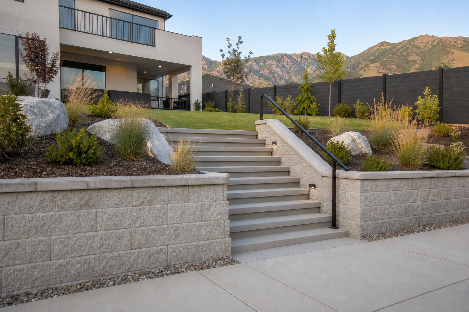 Modern Utah backyard with architectural concrete retaining walls, integrated stairs, lawn, and mountain views