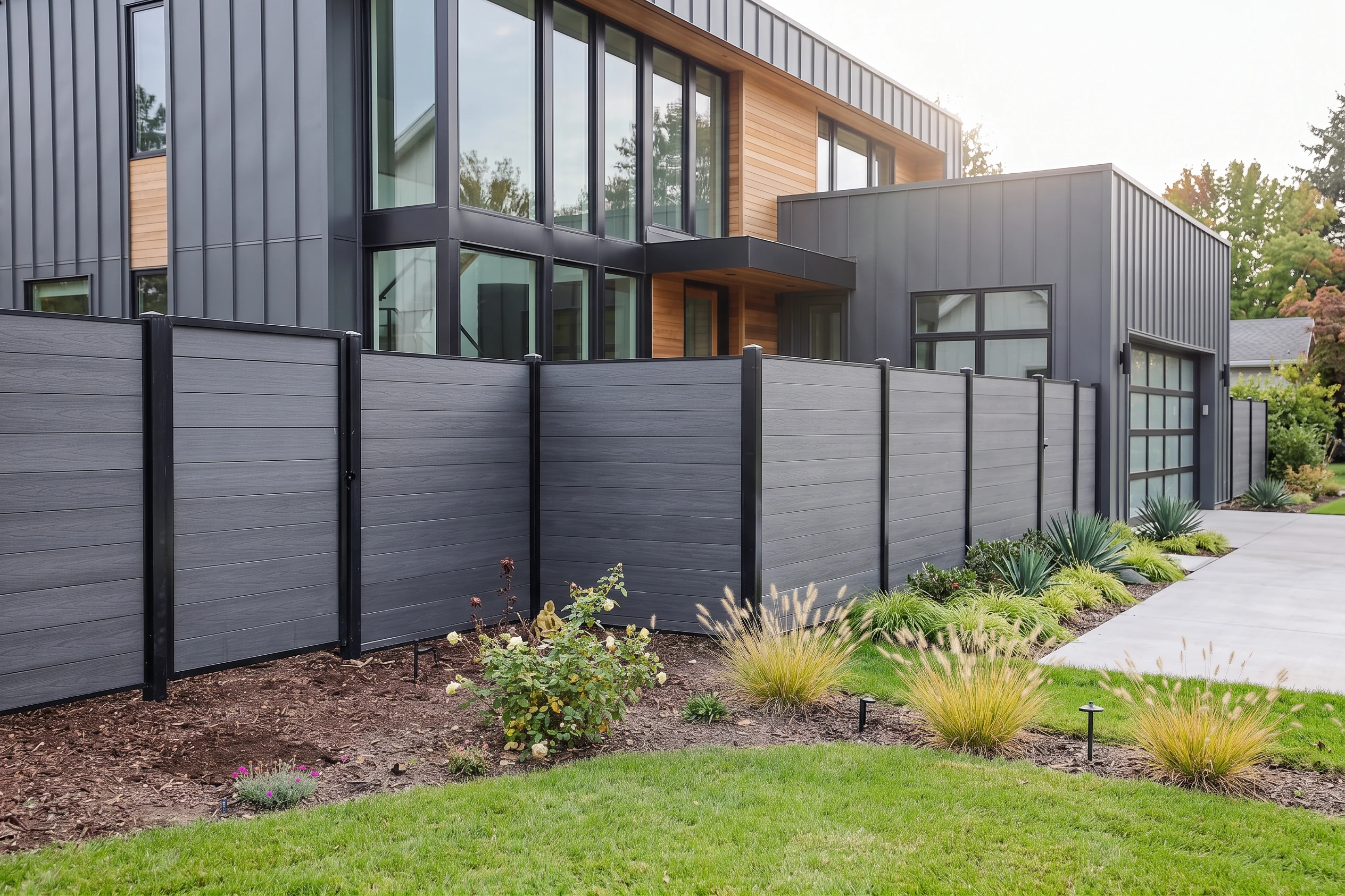 Gray composite privacy fence at a modern residence