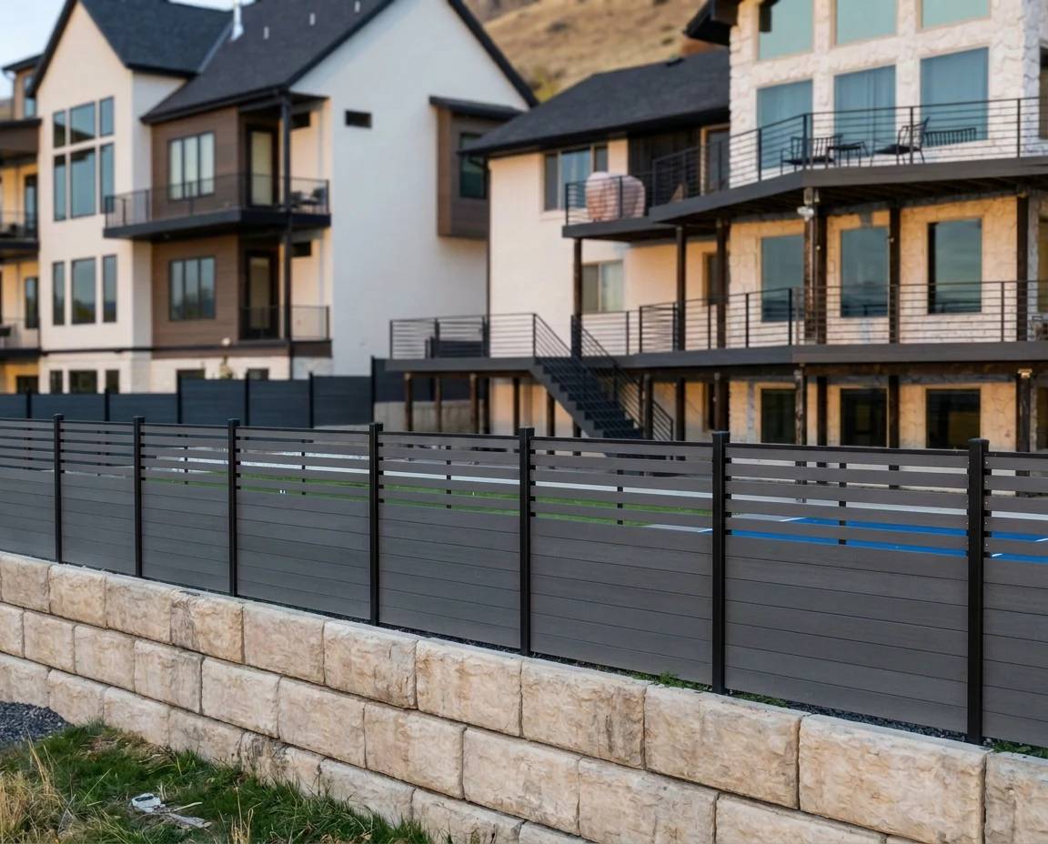 Gray semi-private composite fence beside a residential pool