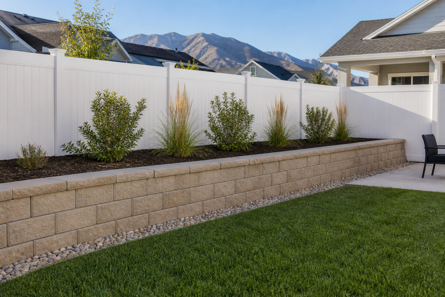 Simple tan concrete retaining wall with a raised planting bed, finished lawn, and white vinyl fence in a Utah backyard