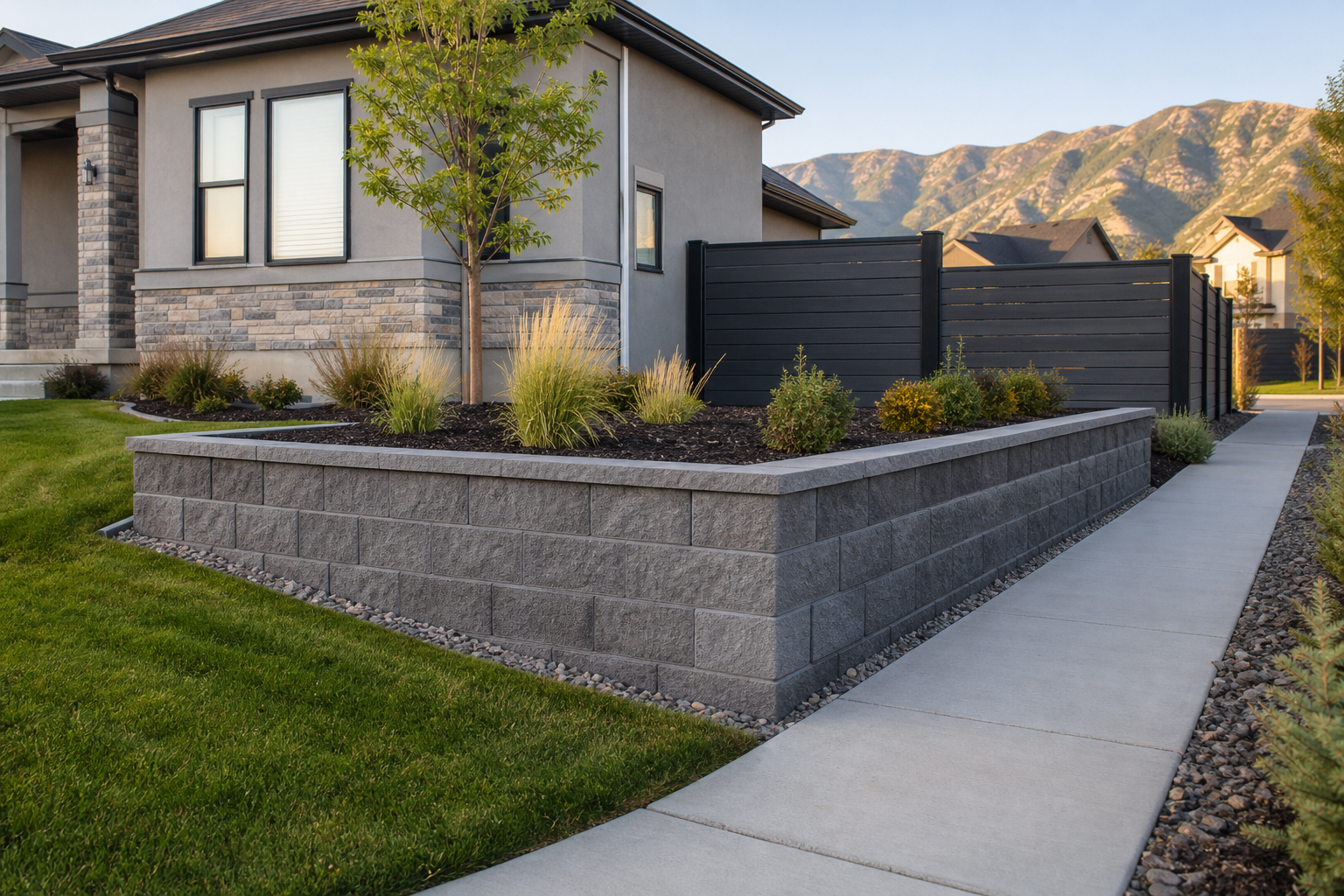Low gray concrete retaining wall beside a walkway, lawn, planting bed, and charcoal composite fence at a Utah home