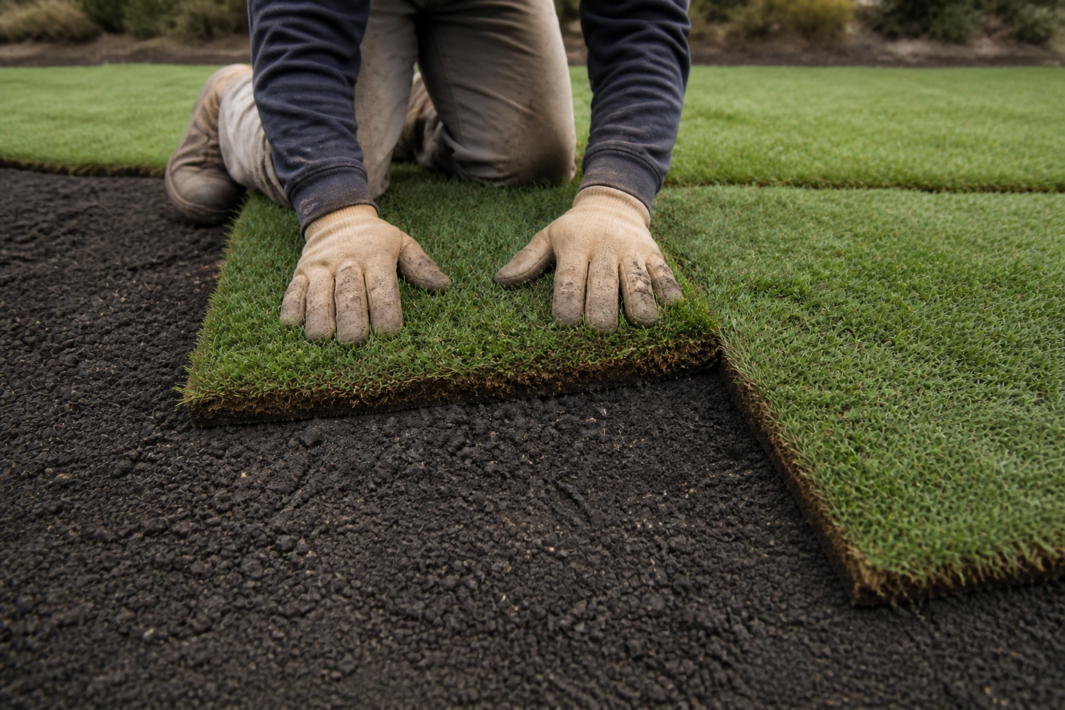 Landscaper pressing fresh sod firmly into prepared soil by hand