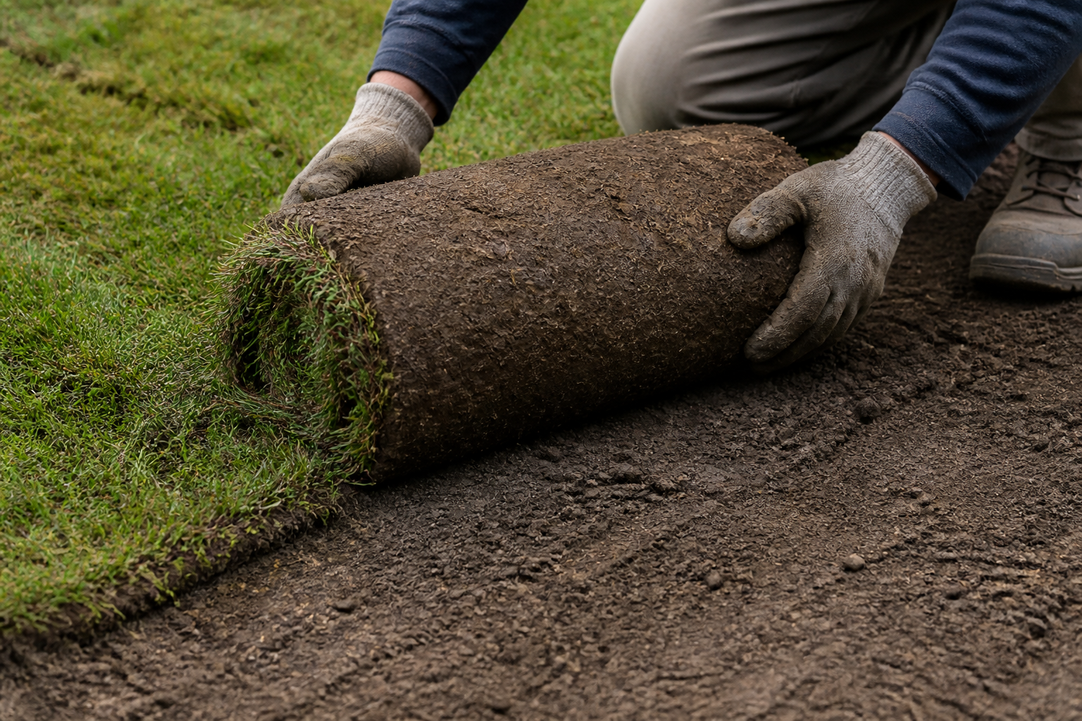 Landscaper using both hands to unroll fresh turf during lawn installation