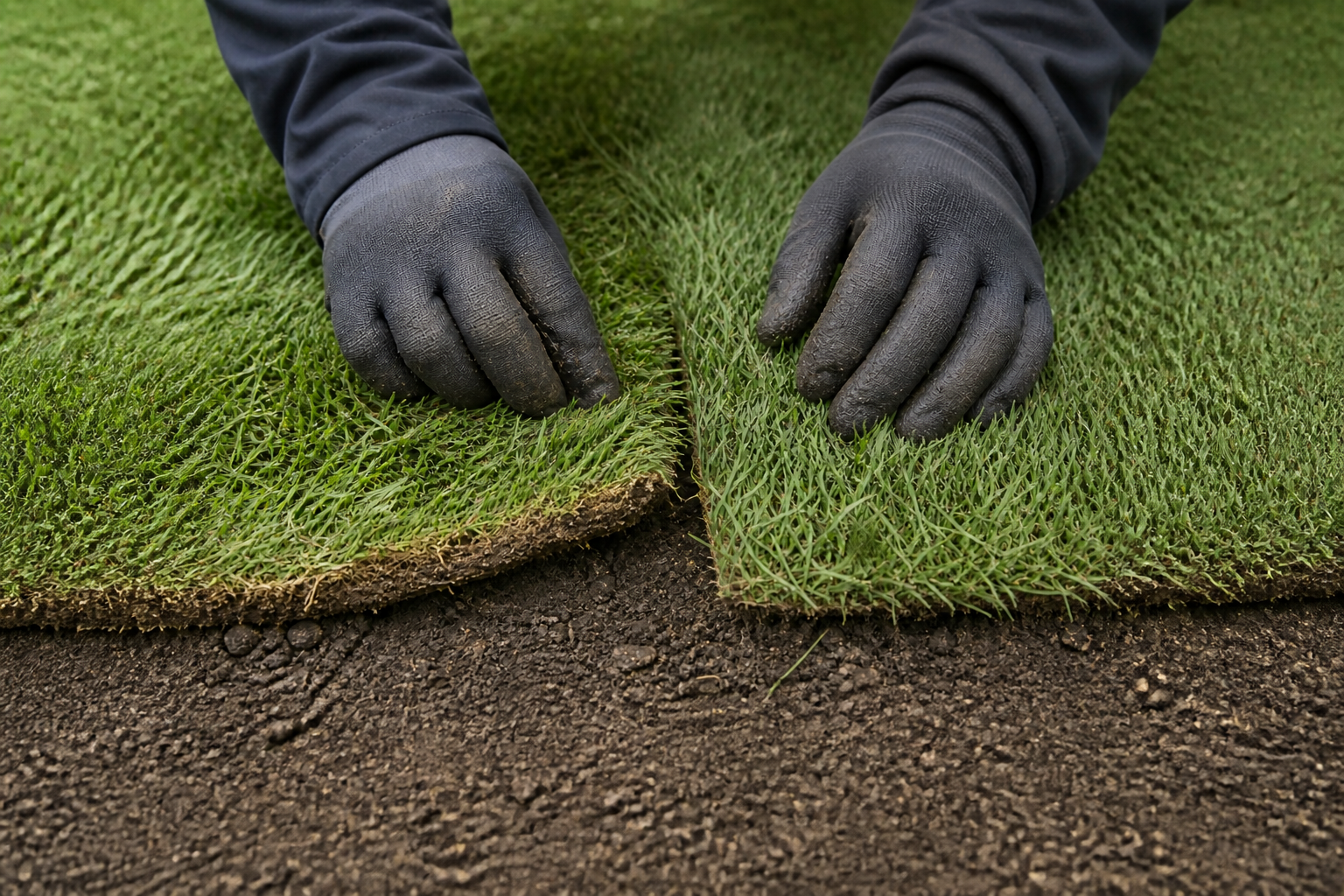 Gloved hands aligning fresh Kentucky bluegrass sod over prepared Utah topsoil