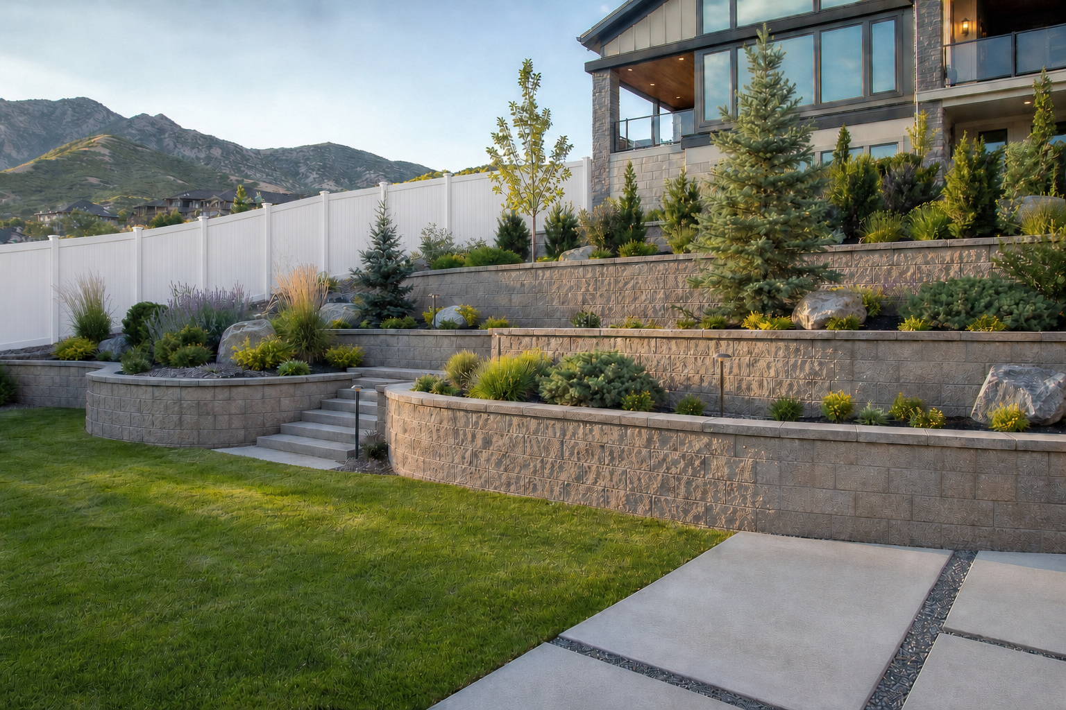 Tiered concrete retaining walls with Utah-climate planting, finished lawn, and a modern mountain home
