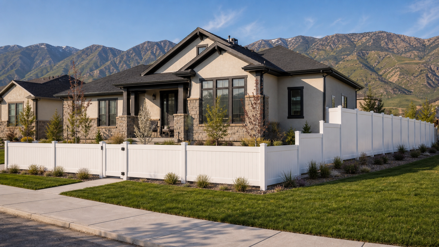 White vinyl fence transitioning from three feet in a Utah front yard to six feet toward the backyard