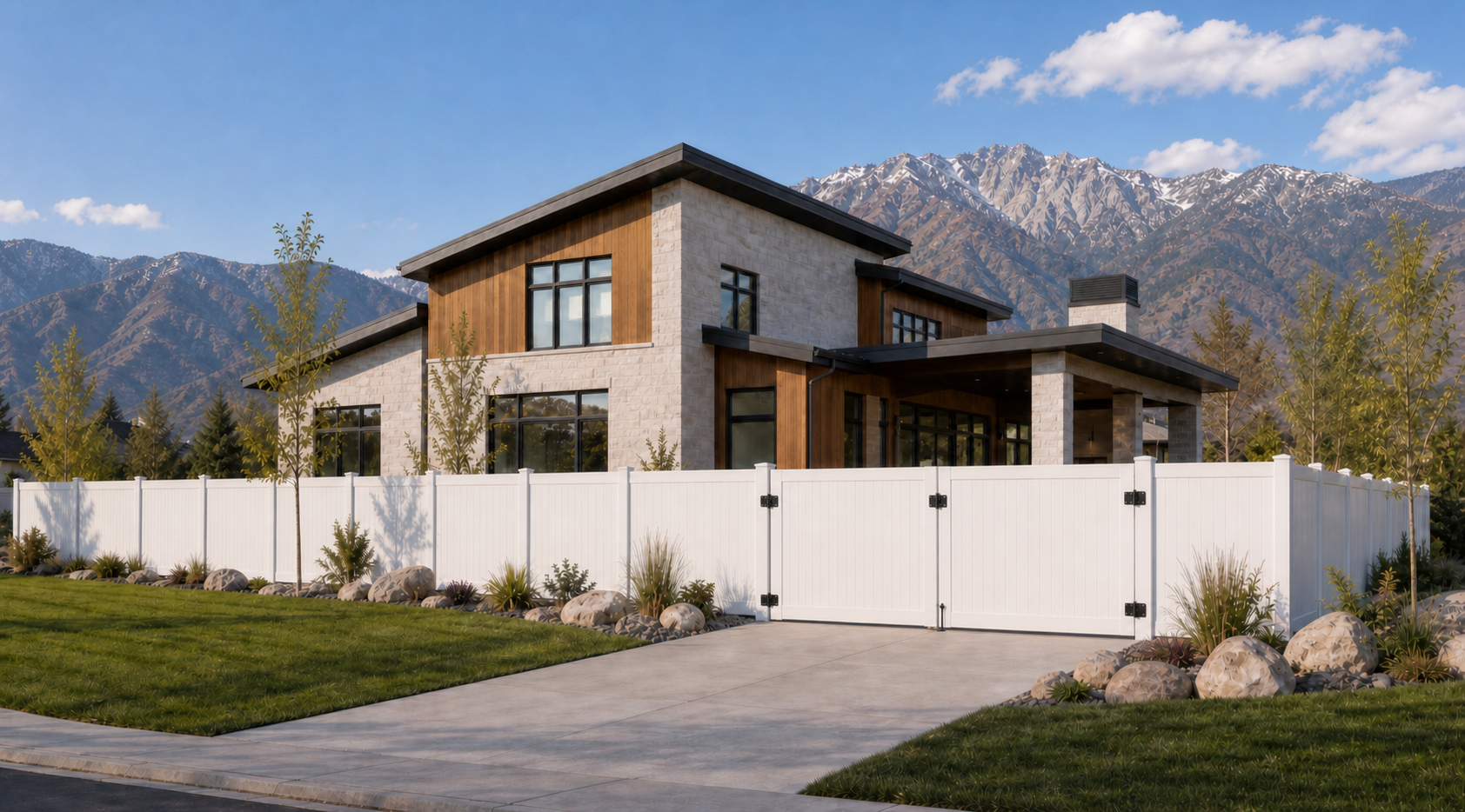 Complete white vinyl fence line with a wide double gate and visible black gate hardware