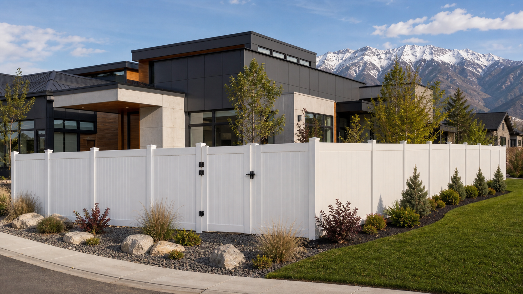 White vinyl privacy fence installed at a modern flat-roof Utah home
